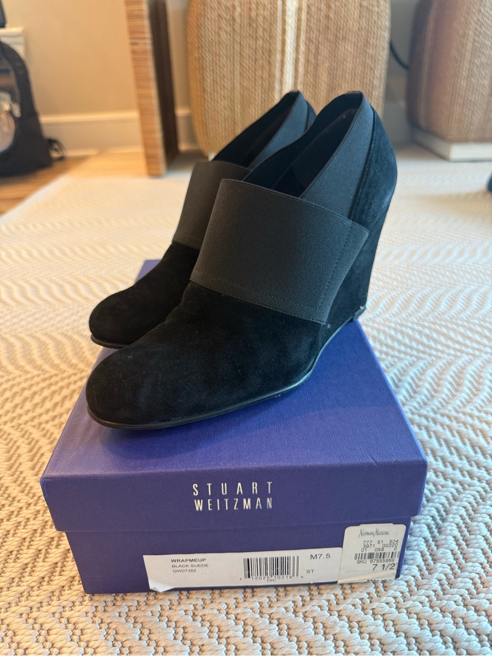 Stuart Weitzman Black Suede Wedge Booties with Elastic Band